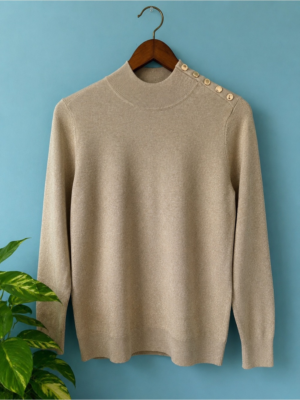 Calvin Klein Gold Shimmer Mock Neck Sweater Shoulder Button Medium